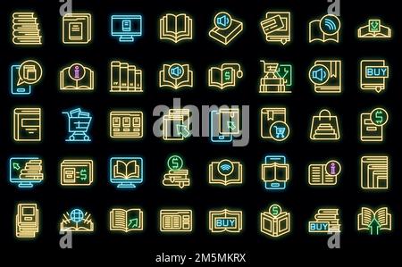 Online bookstore icons set outline vector. Open book magazine. Author library Stock Vector