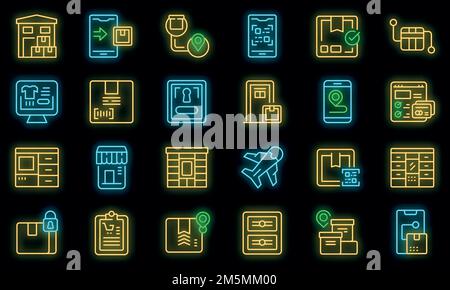 Self-service parcel delivery icons set outline vector. Automat locker. Parcel station Stock Vector
