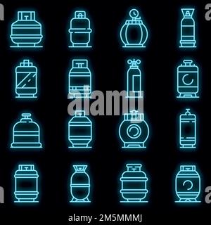 Gas cylinders icons set. Outline set of gas cylinders vector icons neon color on black Stock Vector