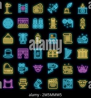 Theater museum icons set. Outline set of theater museum vector icons neon color on black Stock Vector