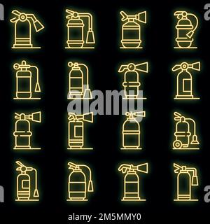 Fire extinguisher icons set. Outline set of fire extinguisher vector icons neon color on black Stock Vector