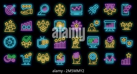 Reputation icons set. Outline set of reputation vector icons neon color on black Stock Vector