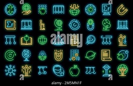 Newtons day icons set. Outline set of Newtons day vector icons neon color on black Stock Vector