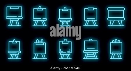 Easel icons set. Outline set of easel vector icons neon color on black Stock Vector