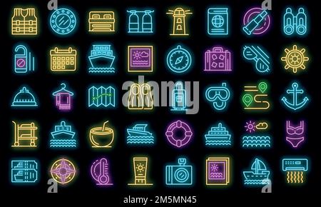 Cruise icons set. Outline set of cruise vector icons neon color on black Stock Vector