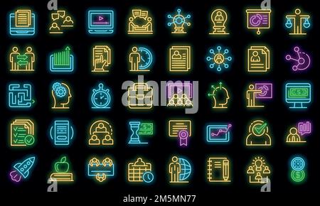 Business training icons set. Outline set of business training vector icons neon color on black Stock Vector