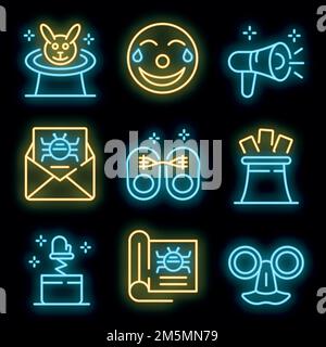 Hoax icons set. Outline set of hoax vector icons neon color on black Stock Vector