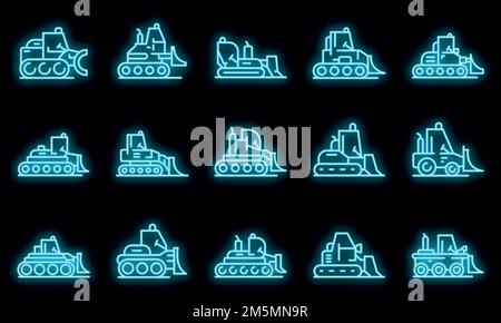 Bulldozer icons set. Outline set of bulldozer vector icons neon color on black Stock Vector