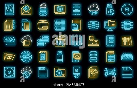 Storage icons set. Outline set of storage vector icons neon color on black Stock Vector