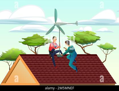 Two working windmills on roof. Electricity generator. Renewable alternative energy. Electricity from the wind. Against backdrop of trees and sky Stock Vector