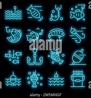 Fish bait icons set. Outline set of fish bait vector icons neon color on black Stock Vector