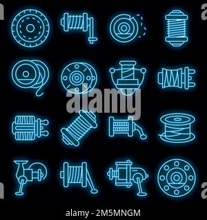 Fishing reel icons set. Outline set of fishing reel vector icons neon color on black Stock Vector