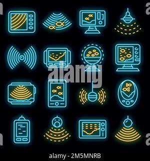 Echo sounder icons set. Outline set of echo sounder vector icons neon color on black Stock Vector