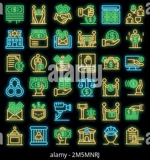 Bribery icons set. Outline set of bribery vector icons neon color on black Stock Vector