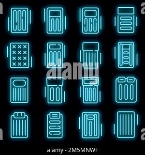 Inflatable mattress icons set. Outline set of inflatable mattress vector icons neon color on black Stock Vector