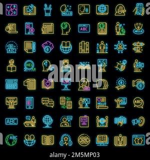 Linguist icons set. Outline set of Linguist vector icons neon color on black Stock Vector