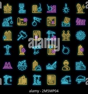 Demolition work icons set. Outline set of demolition work vector icons neon color on black Stock Vector