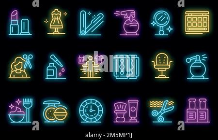 Stylist icons set. Outline set of stylist vector icons neon color on black Stock Vector