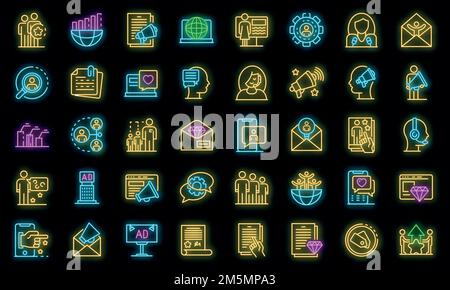 PR specialist icons set. Outline set of PR specialist vector icons neon color on black Stock Vector