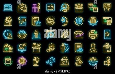 Product manager icons set. Outline set of product manager vector icons neon color on black Stock Vector