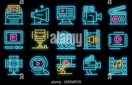 Clip maker icons set. Outline set of clip maker vector icons neon color on black Stock Vector
