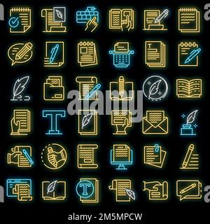 Copywriter icons set. Outline set of copywriter vector icons neon color on black Stock Vector