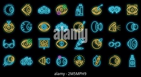 Optician icons set. Outline set of optician vector icons neon color on black Stock Vector
