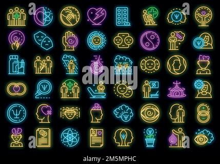 Psychologist icons set. Outline set of psychologist vector icons neon color on black Stock Vector