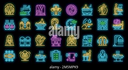 Masseur icons set. Outline set of masseur vector icons neon color on black Stock Vector