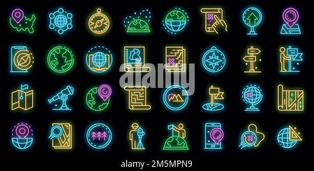 Cartographer icons set. Outline set of cartographer vector icons neon color on black Stock Vector