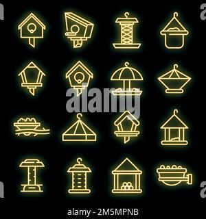 Bird feeders icons set. Outline set of bird feeders vector icons neon color on black Stock Vector