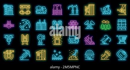 Industrial climber icons set. Outline set of industrial climber vector icons neon color on black Stock Vector