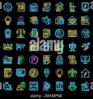 Utilities icons set. Outline set of utilities vector icons neon color on black Stock Vector