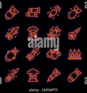 Missile attack icons set. Outline set of missile attack vector icons neon color on black Stock Vector