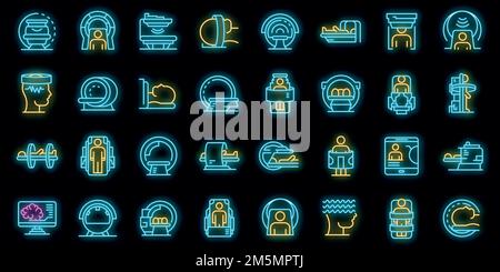 Magnetic resonance imaging icons set. Outline set of magnetic resonance imaging vector icons neon color on black Stock Vector