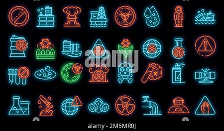 Biohazard icons set. Outline set of biohazard vector icons neon color on black Stock Vector