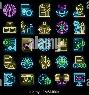 Estimator icons set. Outline set of estimator vector icons neon color on black Stock Vector