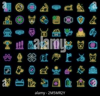 Dog handler icons set. Outline set of dog handler vector icons neon color on black Stock Vector