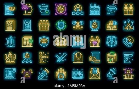 Personal guard icons set. Outline set of personal guard vector icons neon color on black Stock Vector