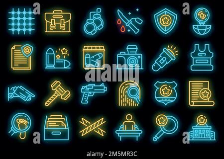 Investigator icons set. Outline set of investigator vector icons neon color on black Stock Vector