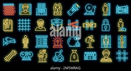 Prison icons set. Outline set of prison vector icons neon color on black Stock Vector