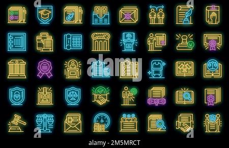Notary icons set. Outline set of notary vector icons neon color on black Stock Vector