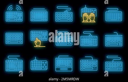 Keyboard icons set. Outline set of keyboard vector icons neon color on black Stock Vector