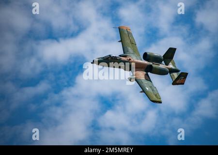 The Air Combat Command A-10C Thunderbolt II Demonstration Team flies during the Wings Over Columbus 2022 Airshow March 27, 2022, on Columbus Air Force Base, Miss. The A-10 is the Air Force's premier close air support aircraft, providing invaluable protection to troops on the ground. Stock Photo