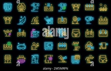 Laser hair removal icons set. Outline set of laser hair removal vector icons neon color on black Stock Vector