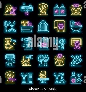 Groomer icons set. Outline set of groomer vector icons neon color on black Stock Vector