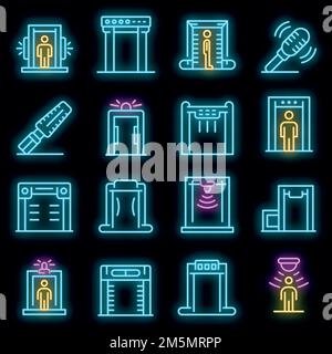 Metal detector icons set. Outline set of metal detector vector icons neon color on black Stock Vector