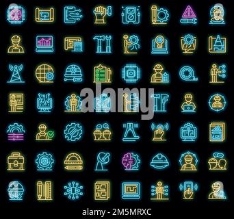 Communications engineer icons set. Outline set of communications engineer vector icons neon color on black Stock Vector