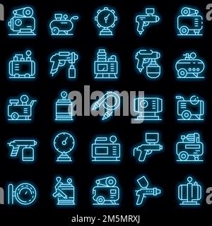 Air compressor icons set. Outline set of air compressor vector icons neon color on black Stock Vector