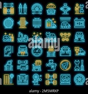 Tire fitting icons set. Outline set of tire fitting vector icons neon color on black Stock Vector